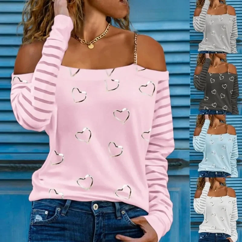 Wiosna Jesień Moda Damska Miłość Nadrukowane Odzież z długim rękawem Casual Bez ramiączek Halter Top Luźna koszula damska Tshirty — zdjęcie 2