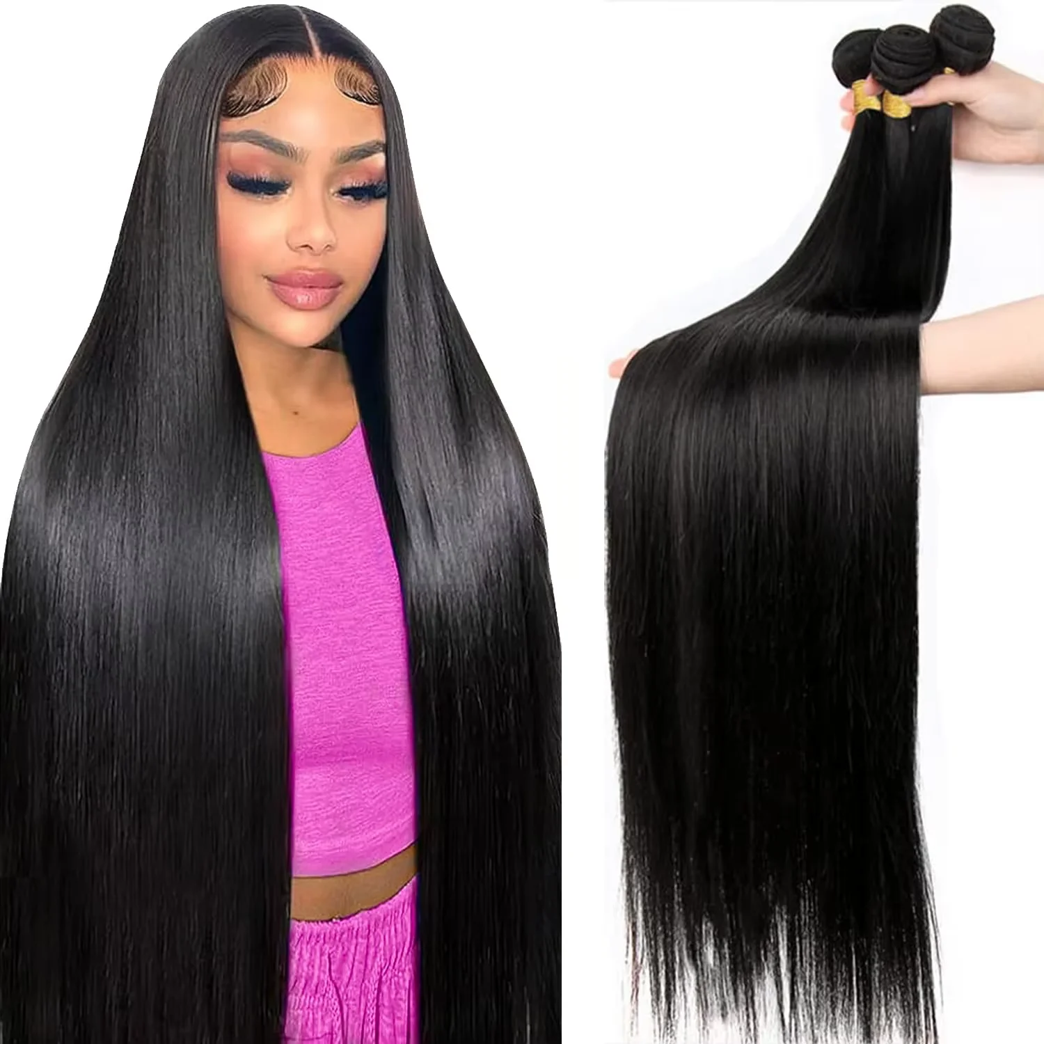 

30 36 Inch Bone Straight Bundles 100% Human Hair Bundles Remy Hair Weaving Natural Black Bundles 1/3 Bundle Deals For Extensions