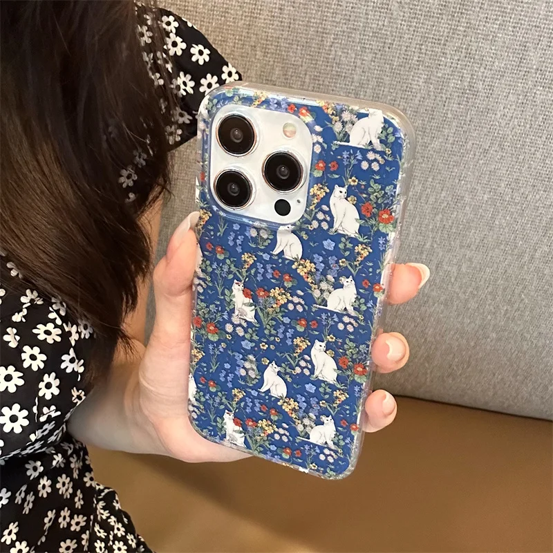 For Apple iPhone 15 Pro 12 13 14 Pro Max Phone Case Korean Cute Cat Flower Painting Silicone Protective Cover 14pro 15max Cases