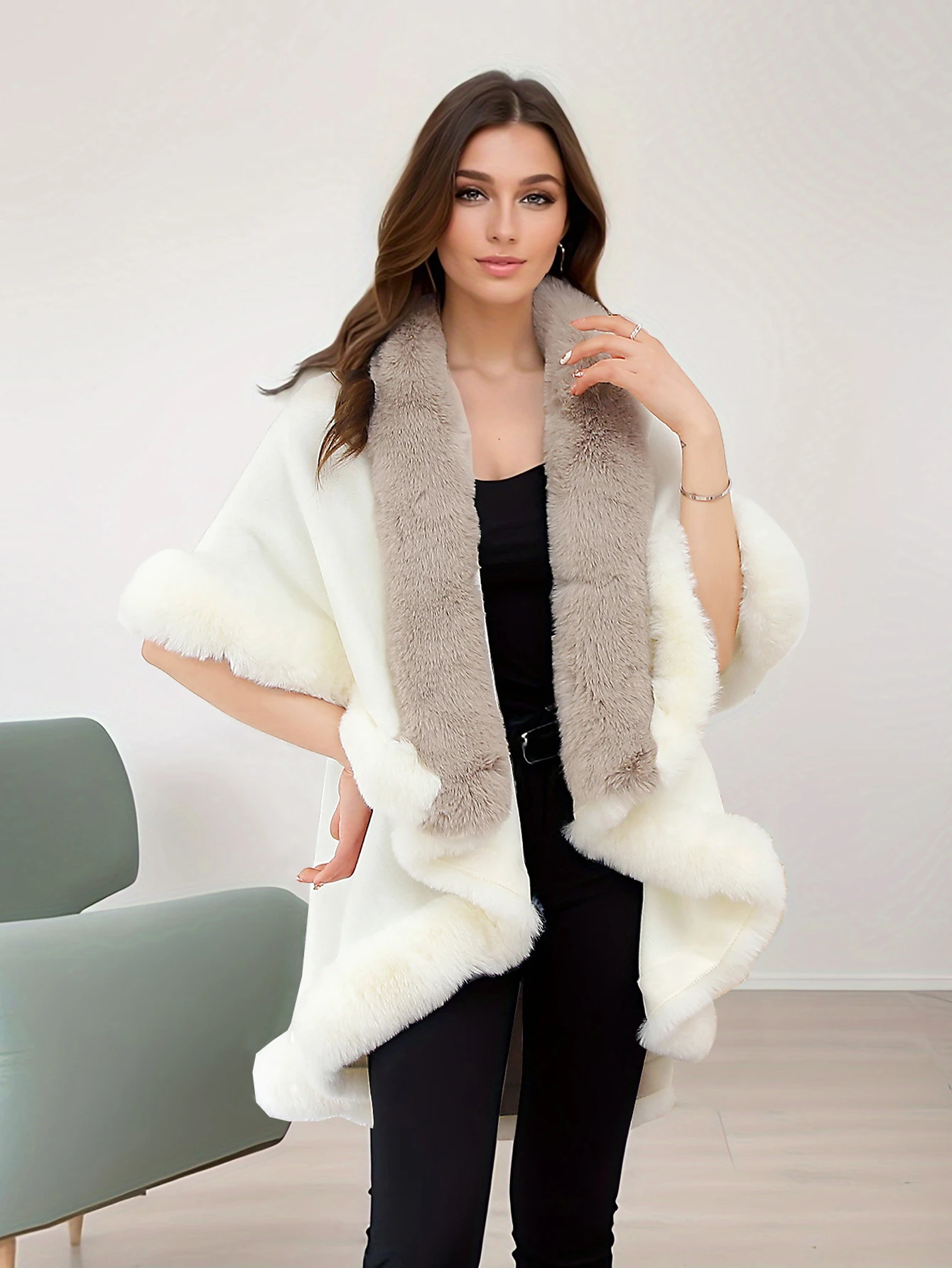Gradient Color Faux Fur Collar Double Layer Knitted Cardigan Coat with Fringe Design Warm Shoulder Shawl Outerwear