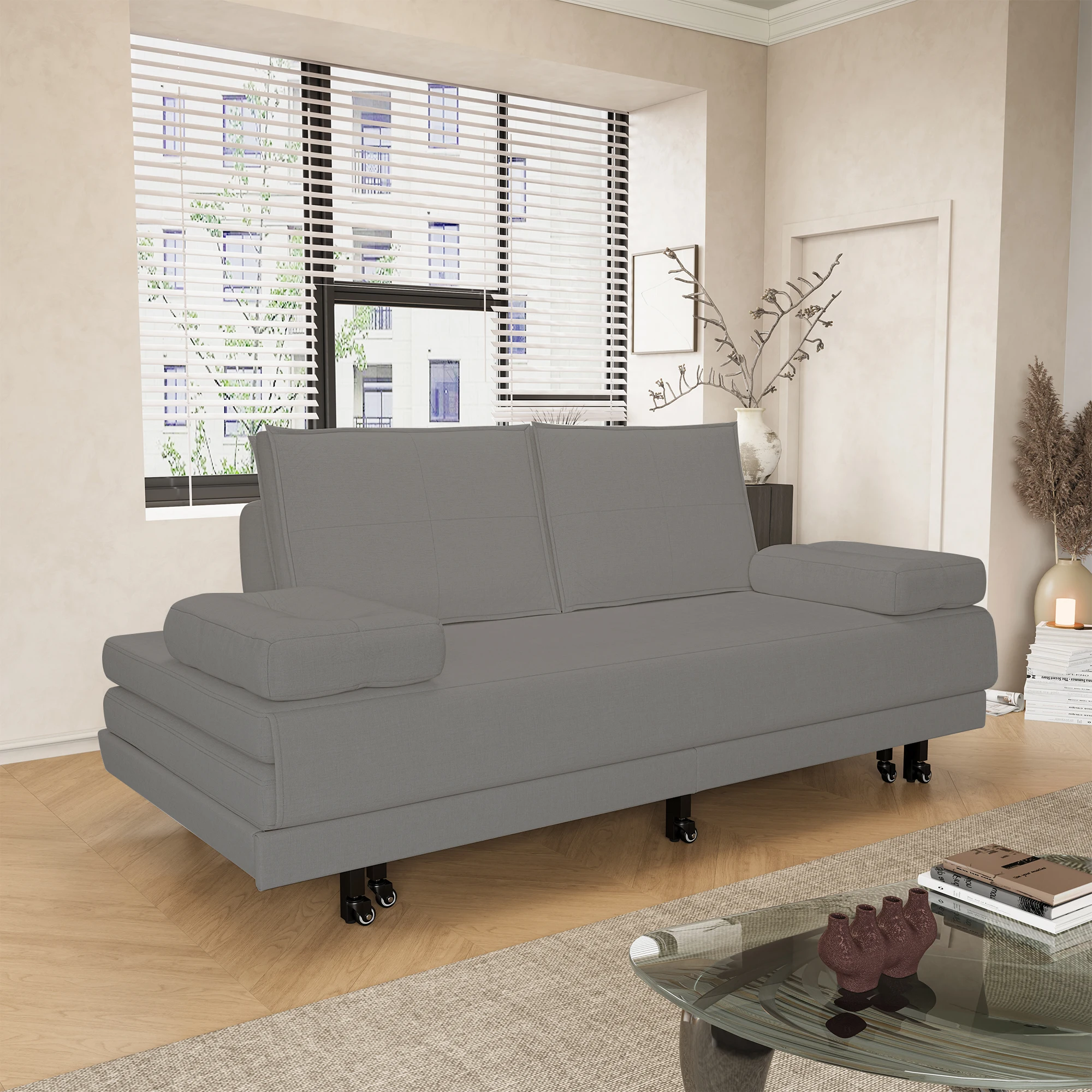 Divano con uso per dormire, divano imbottito pieghevole, adatto per soggiorno, camera da letto, grigio, lino