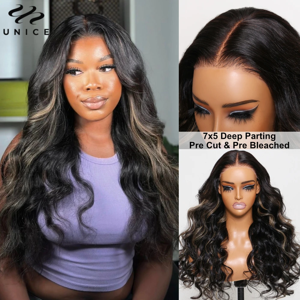 UNice Pre Cut Pre Bleached 7x5 13x4 Human Hair Lace Frontal Wig Black With Blonde Highlight Body Wave Glueless Wig Ready To Wear