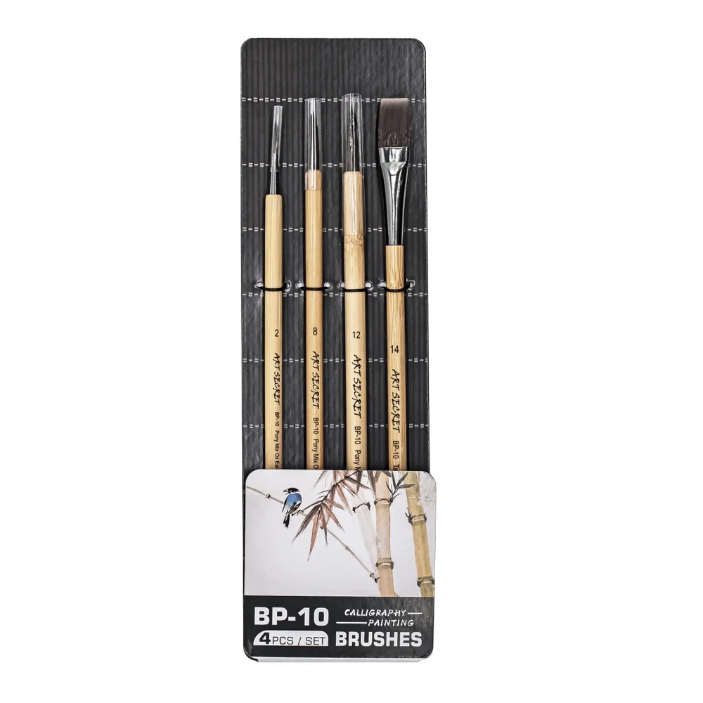 Artsecret 4pc/set BP-10 pônei & mix de cabelo de orelha de boi pintura chinesa escovas de caligrafia bambu lidar com ferramentas de arte de acrílico