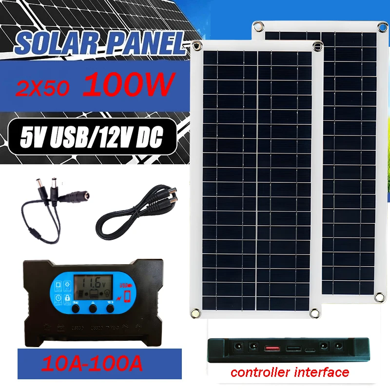 100W Solar Panel Kit 12V Rechargeable Battery with 10A 100A Controller Module 3.0 USB Type C PortFor Mobile Phone RV and Car Pow