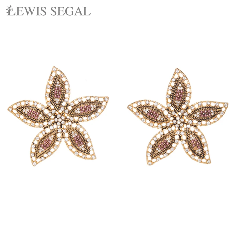 LEWIS SEGAL Vintage Hollow Flower Stud Earrings for Women Starfish Luxury Medieval Style Suit Brooch Fine Jewelry 18K Gold