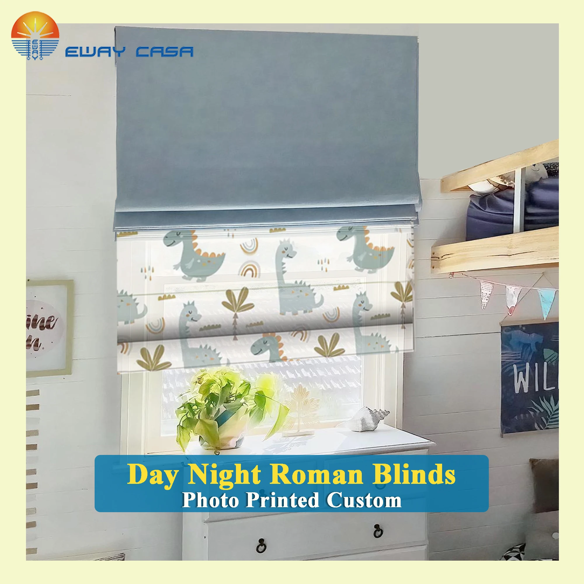 EWAY CASA, cortinas romanas duales, foto impresa, cortinas romanas opacas de día y noche para ventanas, cortinas romanas de arte transparente RB_DN_KQN_PRTH