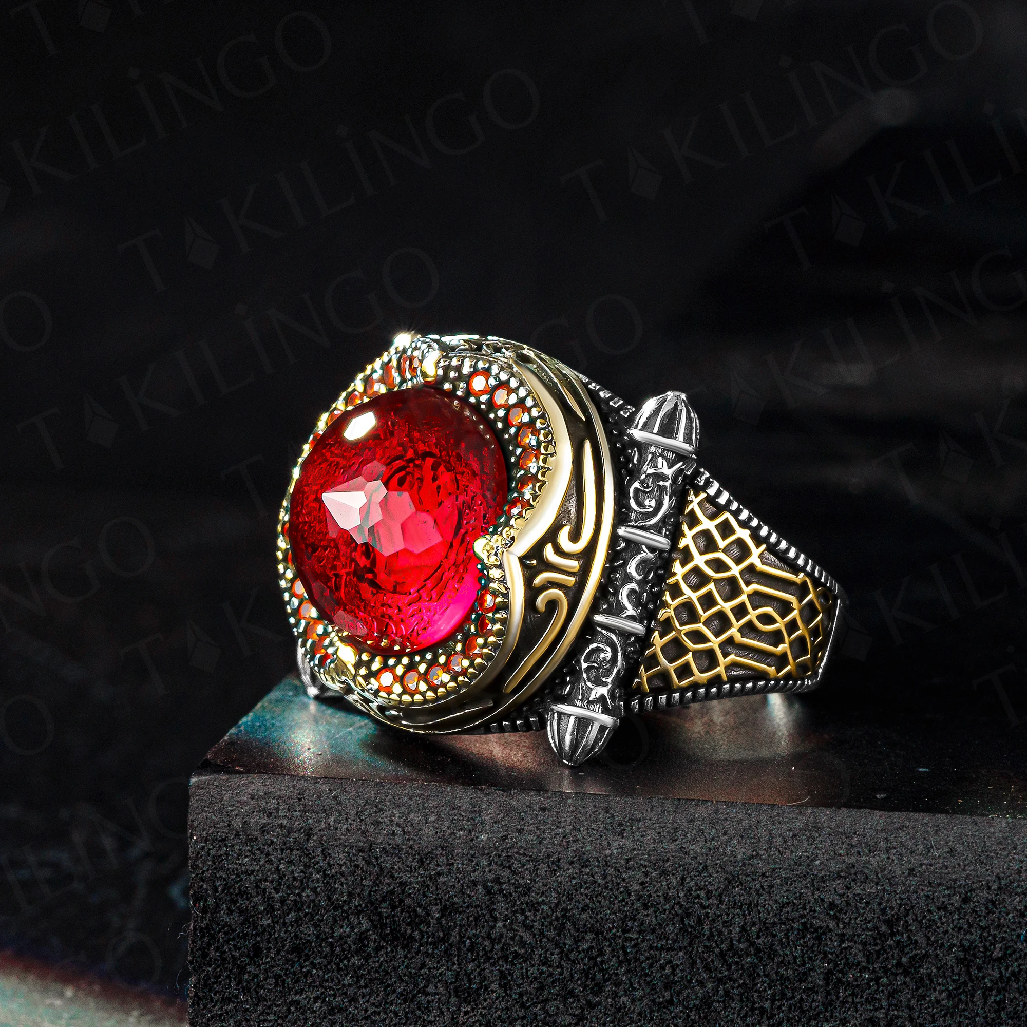 Elegant Solid 925 Sterling Silver Round King Design Red Zircon Men's Ring Turkish Hanmade Punk Silver Jewelry Gift For Men