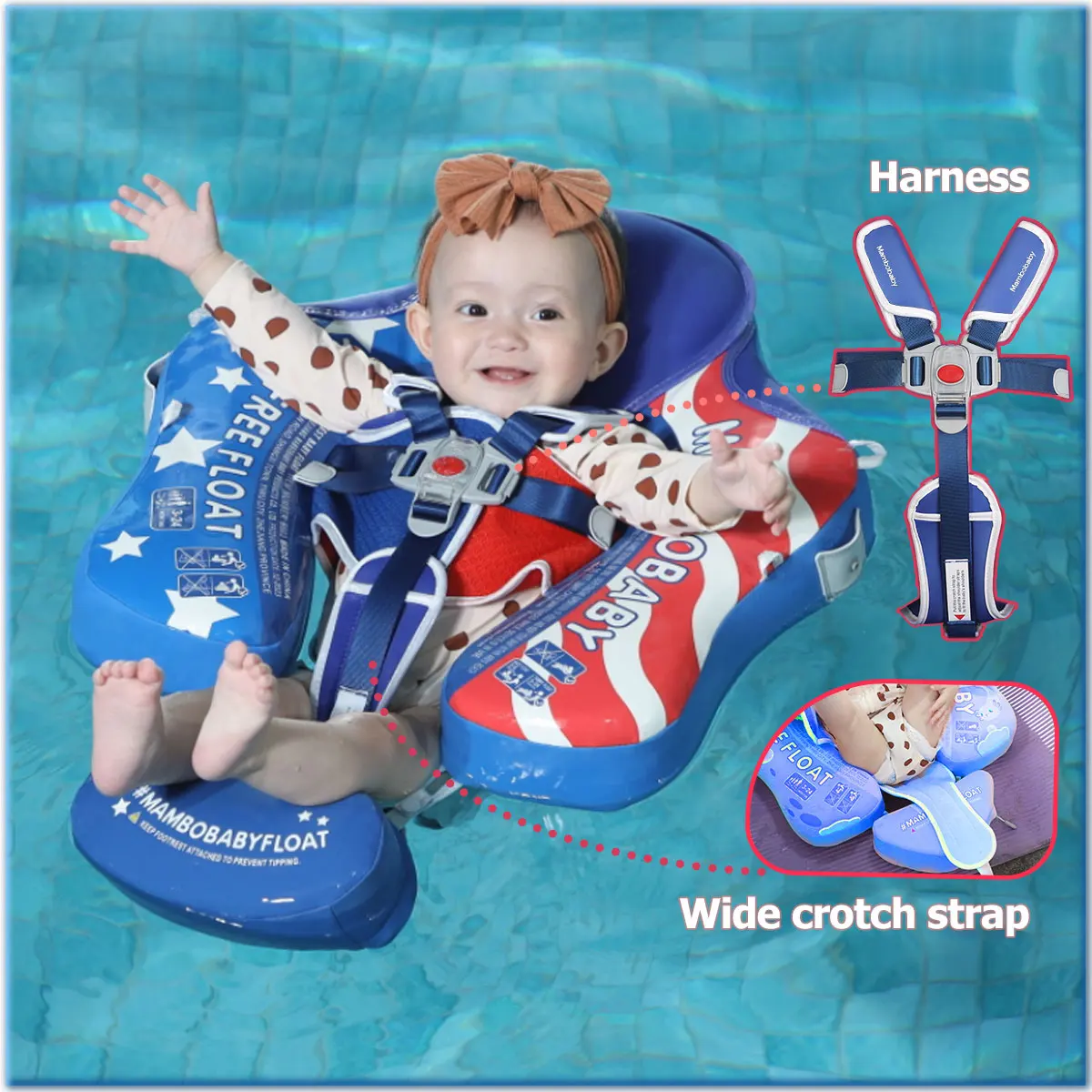 MAMBOBABY FLOAT Sunny Navigator Baby Pool Float พร้อมหลังคา US Flag ปลอดภัย Air-Free Core, สบาย, ป้องกันแสงแดดแบบปรับได้