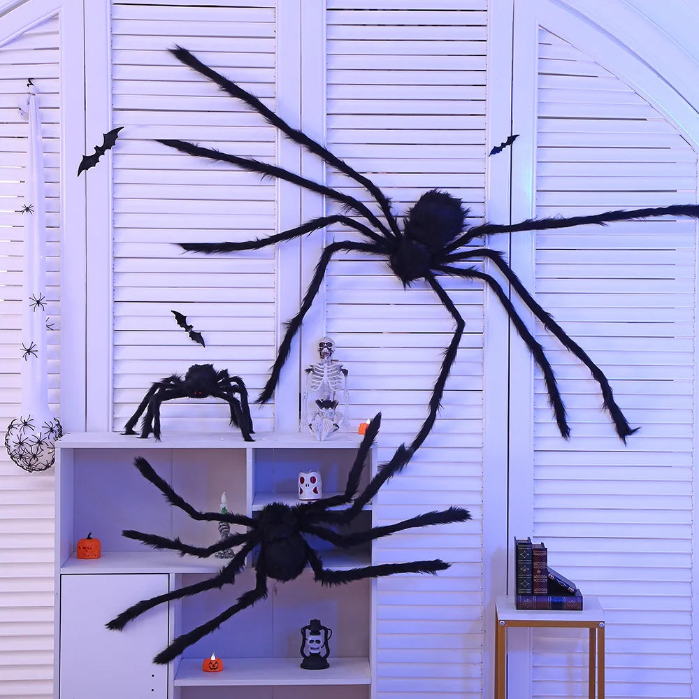 Spider silk Halloween spider party decoration props covercase camera imimpart pigle Spider 2 pieces giant black plush Spider halloween decoration