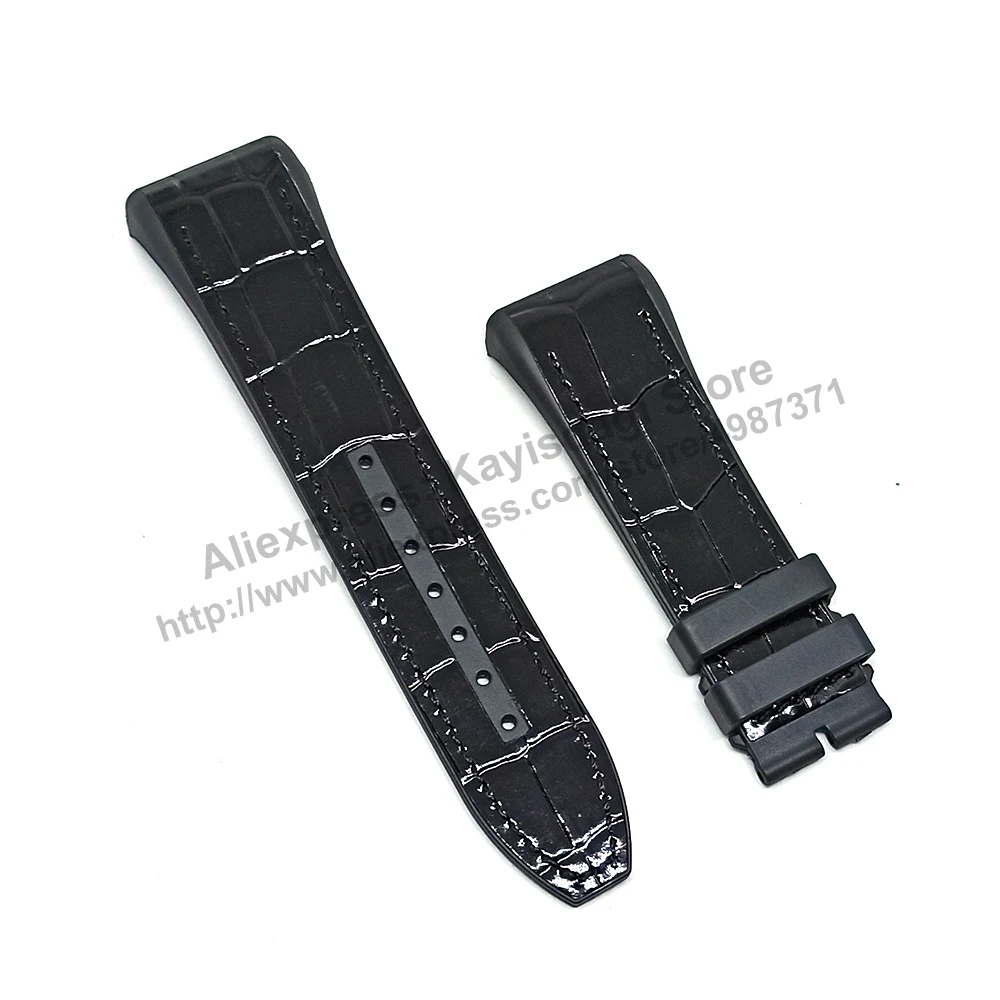 28mm Black Genuine Leather On Black and Navy Blue Rubber Silicone Watch Band Strap Compatible For Franck Muller V45