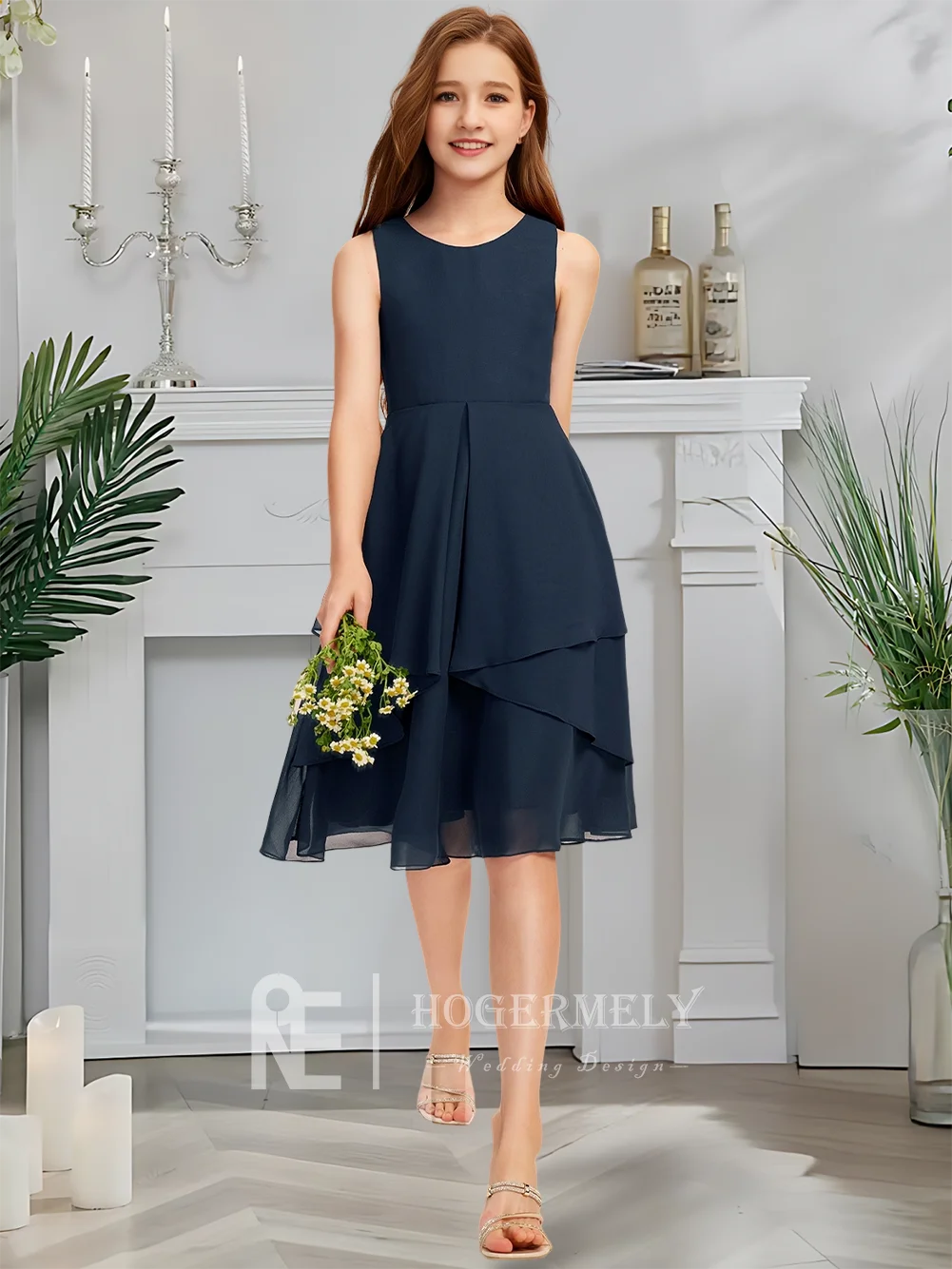 Платье для подружки невесты B Scoop, темно-синее платье с цветочным узором для девочек, шифон длиной до колена с каскадными оборками, свадебная вечеринка