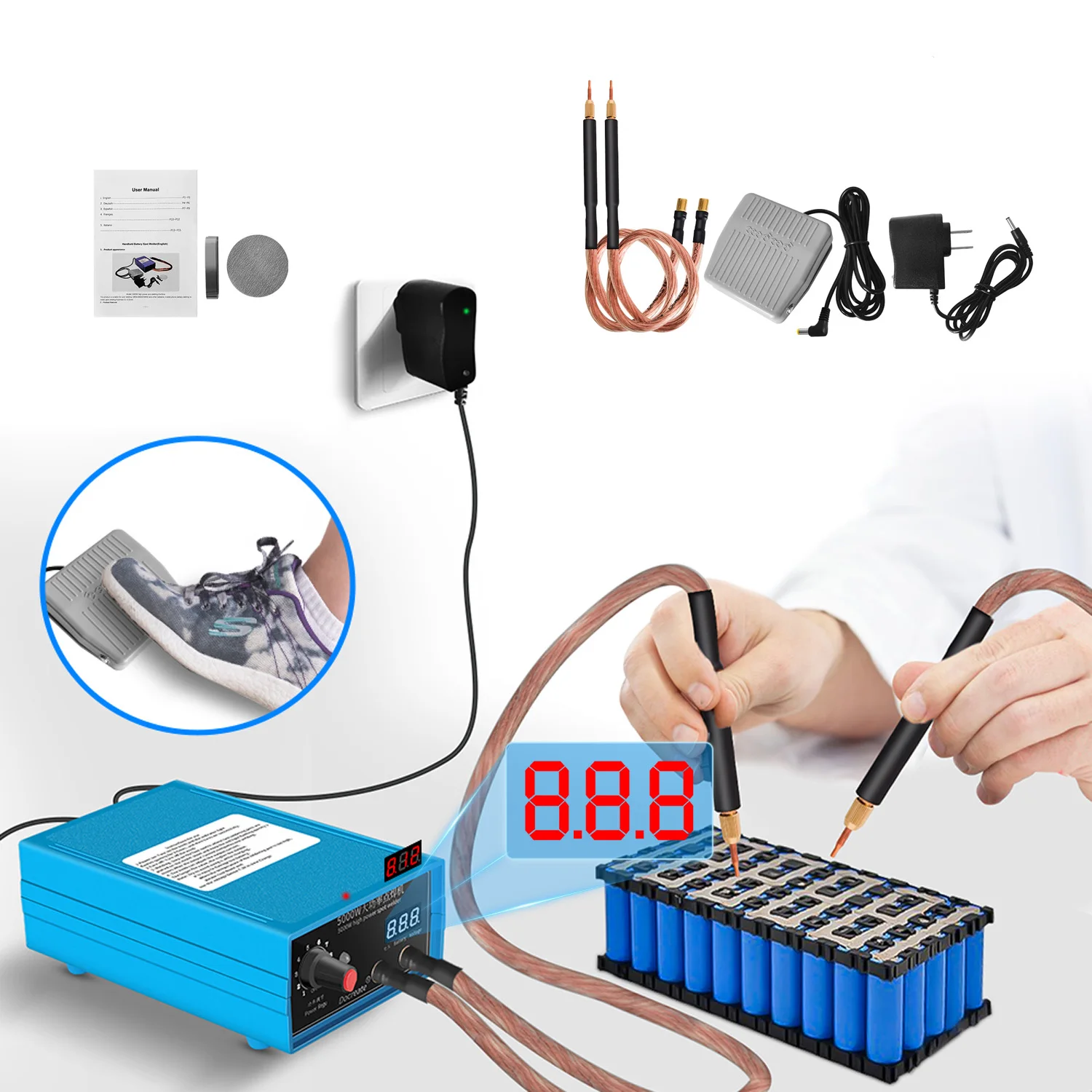 Tragbare Hand-Punktschweißmaschine, 5000 W, hohe Leistung, einstellbarer Strom von 0–800 A, Punktschweißgerät für 18650-Batterien.