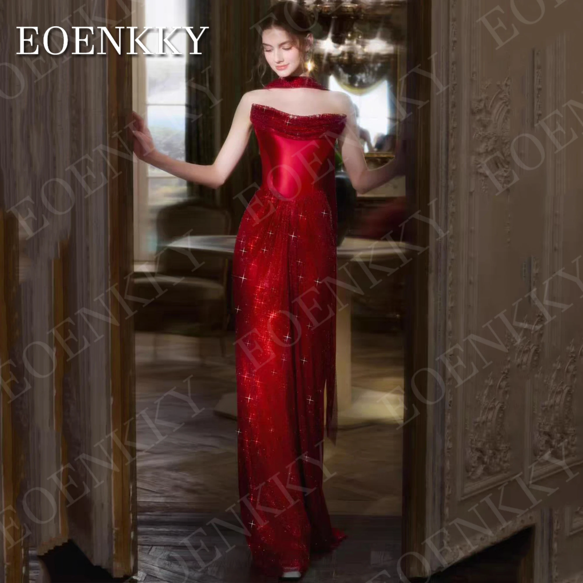 

EOENKKY Glitter Mermaid Evening Party Dress Red Luxury Sparkly Strapless Sleeveless Prom Dresses Customized فستان سهرة نسائي