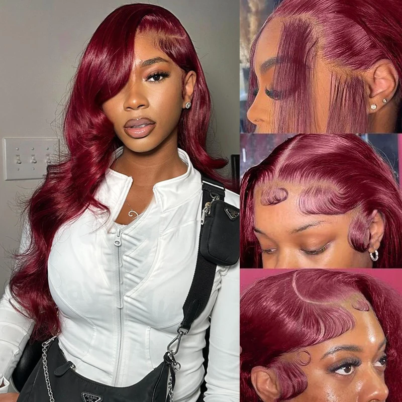 99j Burgundy 13x6 Body Wave Lace Front Wigs Human Hair Pre Plucked Red Wig Wine Lace Front Wigs Human Hair Wigs for Women 200%