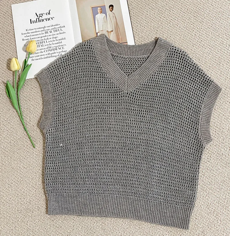 

Luxury Women's New Silk Linen Knitwear Pullover Top Hollow Vest