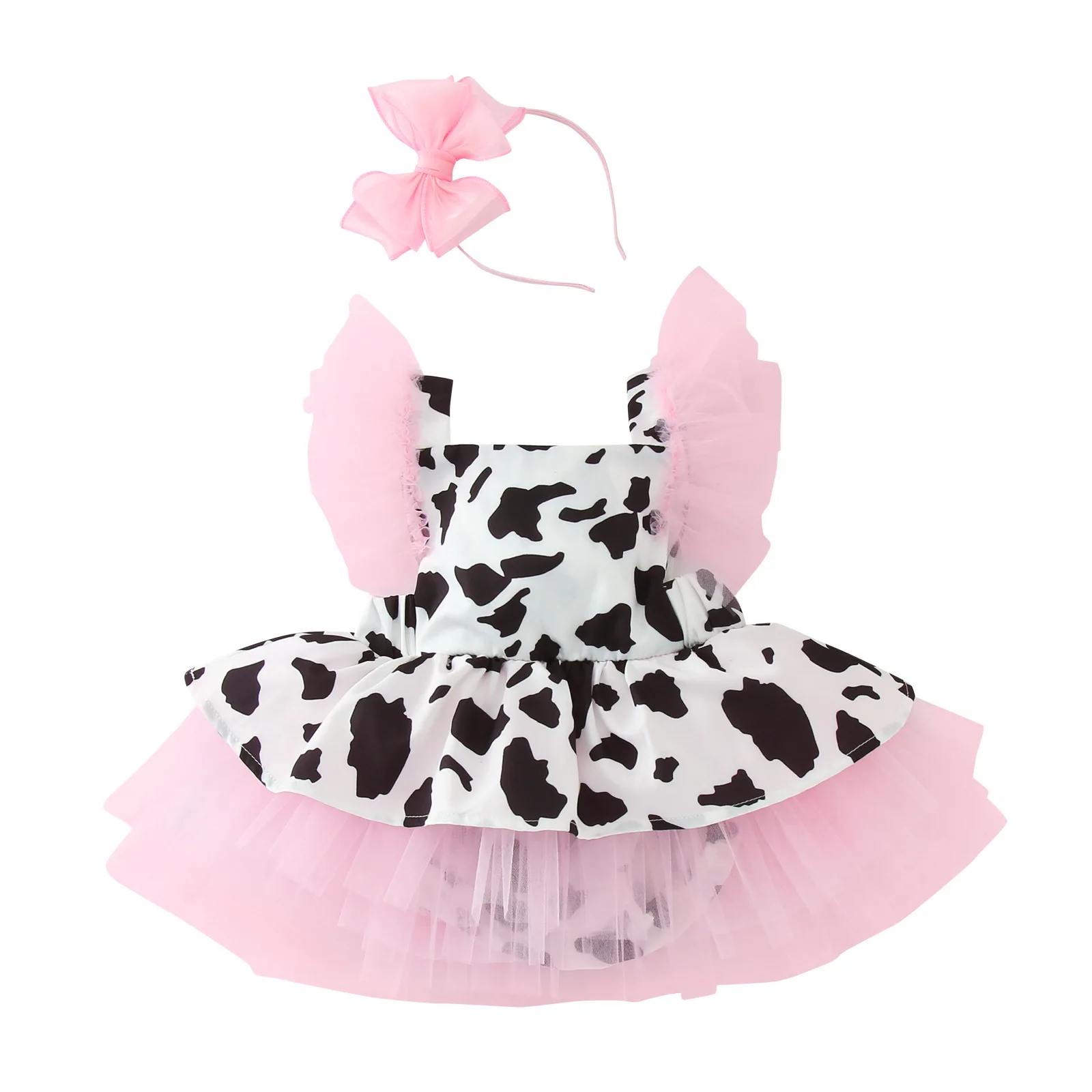 Baby Girl Cow Print Tulle Fancy Dress With Handband Infant Cowgirl Costume