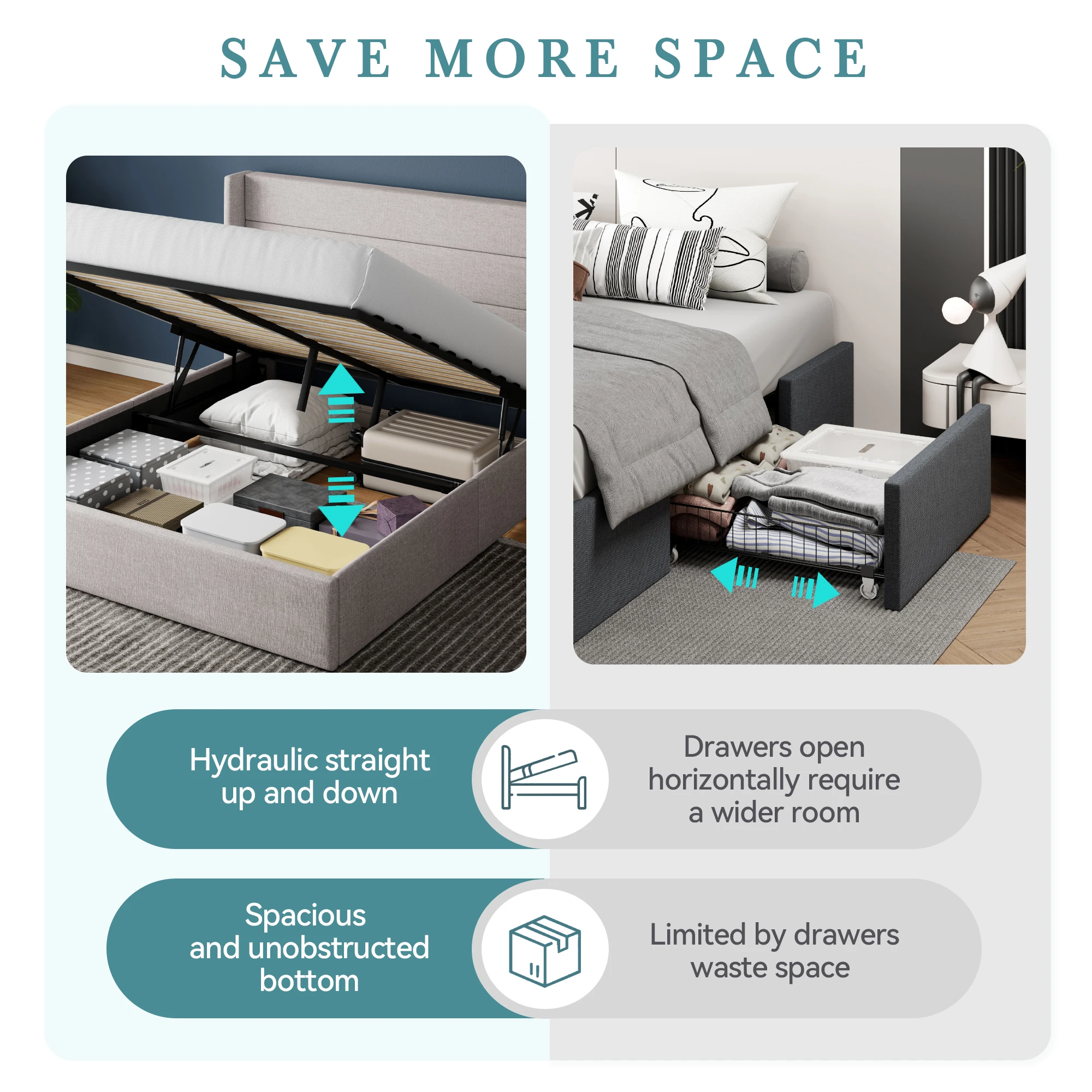 HOOMIC Hochklappbares Stauraumbett mit Flügelkopfteil/Hochleistungs-Hydraulikbett/groß unter Stauraum