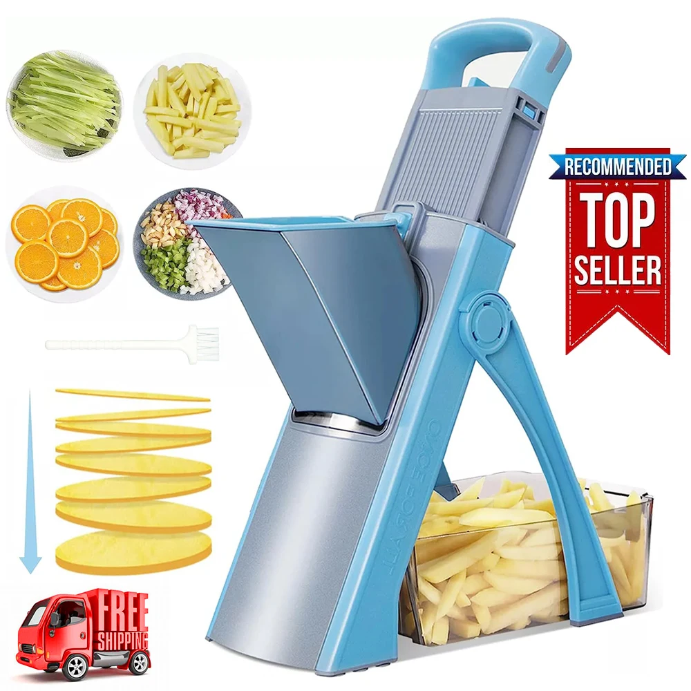 Trancheuse à légumes sûre, multifonctionnelle, hachoir à légumes réglable avec 4 modes, coupe-légumes, julienne, ustensile de cuisine (bleu ciel)