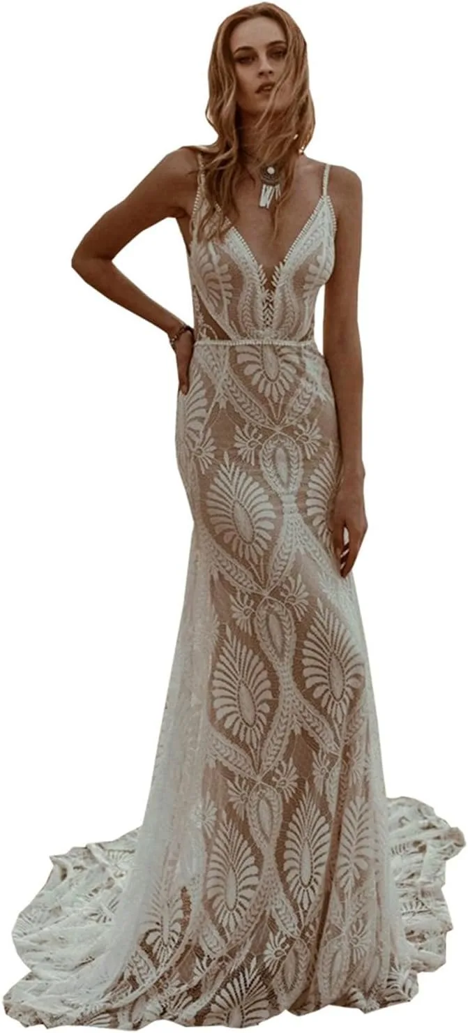 

Boho Mermaid Wedding Dresses V-neck Spaghetti Straps Lace Floor Length Bridal Gown with Train Vestido de novia