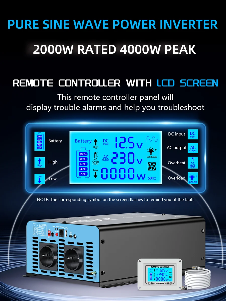 Reiner Sinus-Wechselrichter DC 12V AC 230V 2000W Nennleistung 4000W Spitzenleistung LCD-Display Fernbedienung USB Typ-C für Wohnmobil Auto Camping Outdoor