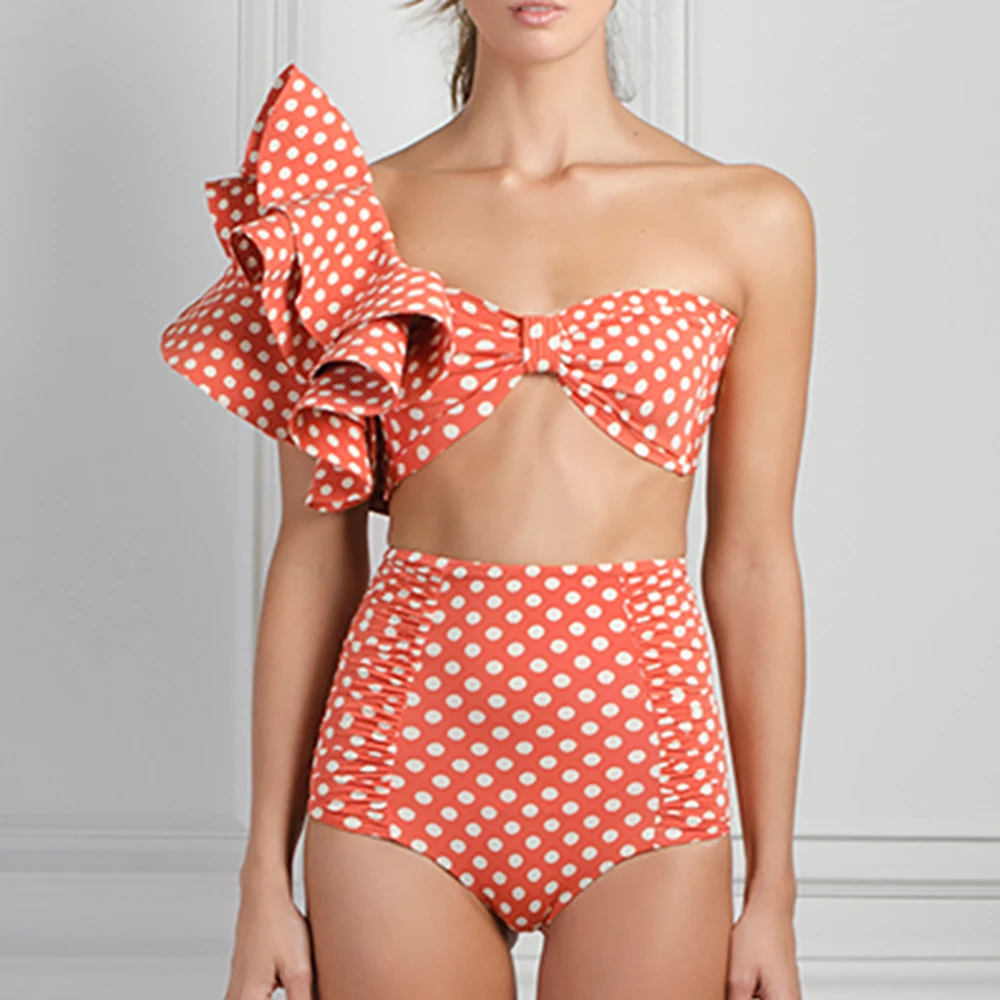 Ruffled Polka-Dot Print Bikini Orange Tankini Women Swimming Suits Swimwear Patchwork High Waist Bikini Summer Beach