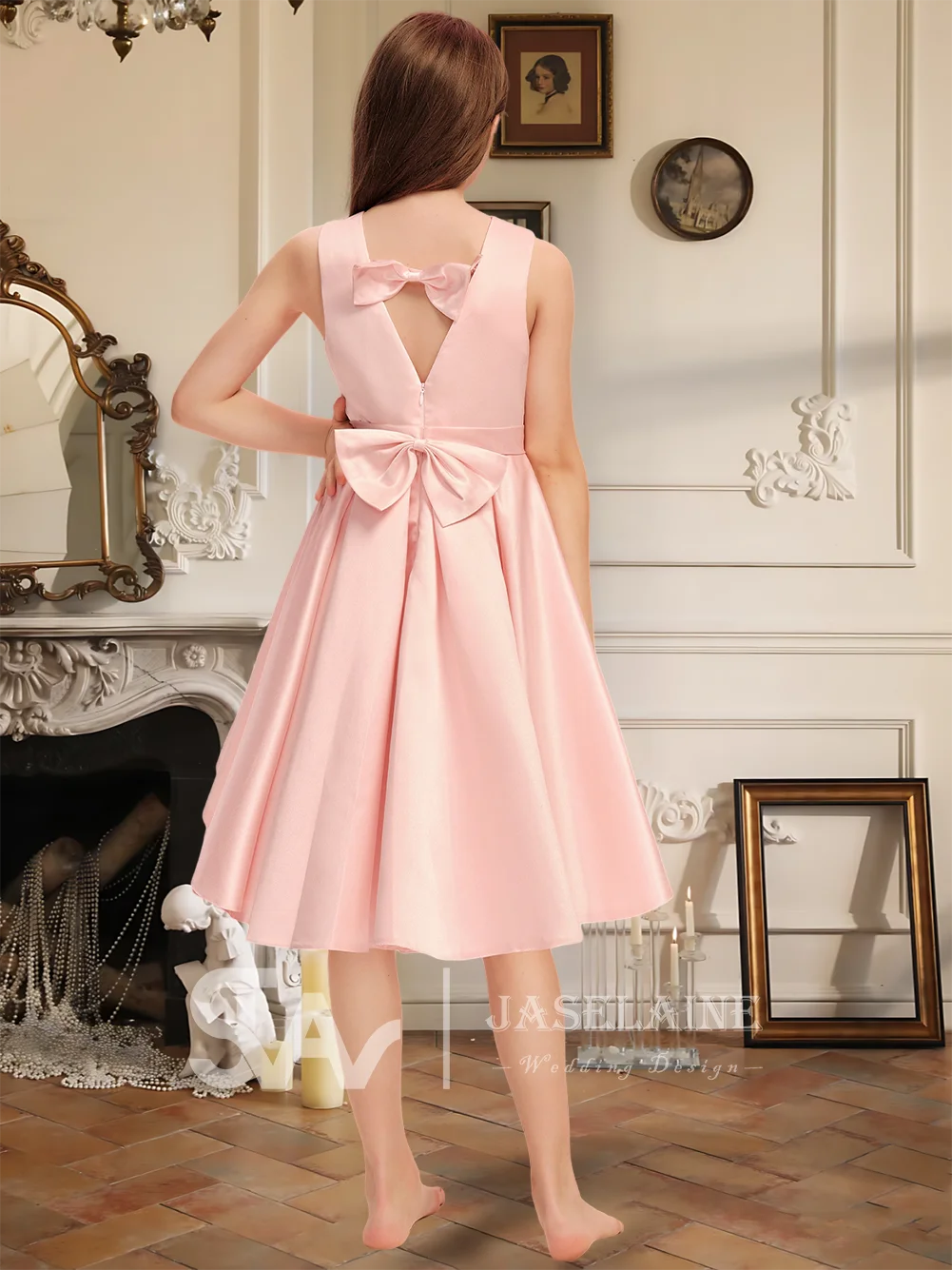 Scoop Junior Bruidsmeisjesjurk Met Asymmetrische A-lijn Satijnen Rok Strik Geplooide Bloemenmeisjesjurk Voor Bruiloft Gelegenheid