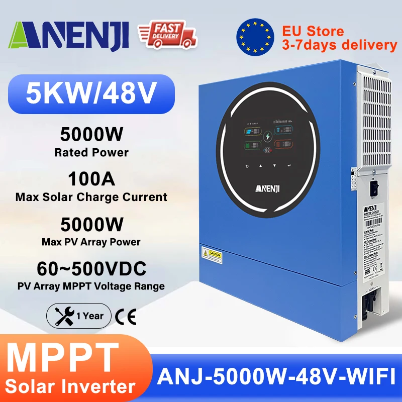 ANENJI 5KW 48V Solar-Wechselrichter 230V reine Sinuswelle Off/On Grid Inverter PV 500VDC MPPT Solarladegerät Dual-Ausgang Solar-Wechselrichter