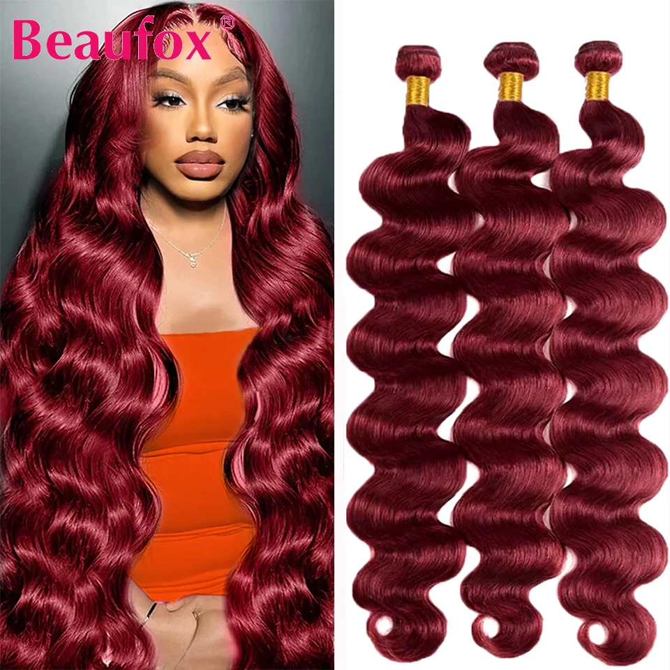 Beaufox 99J Body Wave Human Hair Bundles Brazilian Bundles Human Hair Body Wave 1/3/4 Bundles Deal Colored Burgundy Red Hair 30