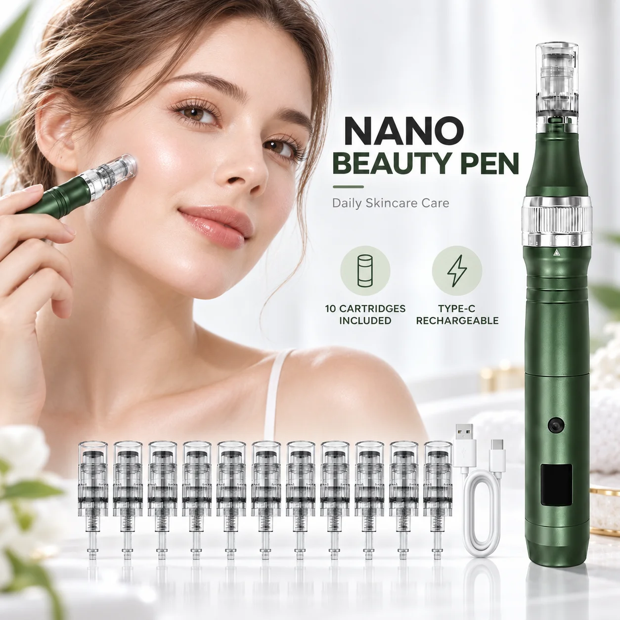 6-Speed Nano Wafer Beauty Pen with 10 Cartridges, Type-C Rechargeable Facial Skincare Applicator for Targeted Daily Care