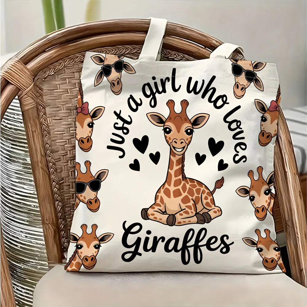 1 Piece of Cute Giraffe Canvas Shoulder Bag, Lightweight Foldable Tote Bag with Fixed Shoulder Strap, Reusable Shopping Bag, Perfect Gift for Commuting, Travel, Shopping, School, and Holidays