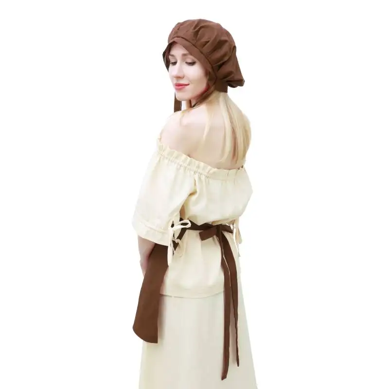 DAZCOS Medieval Bonnet Mob Cap with Long Ribbons Linen Material Renaissance Prairie Mop Hat for Women Cosplay Costume Accessory