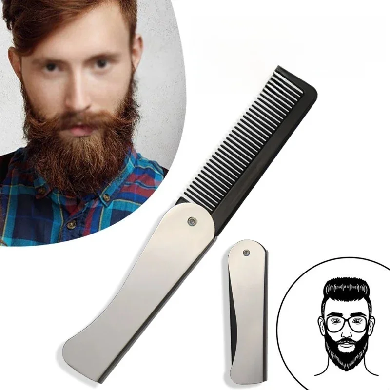 Peigne de poche pliable antistatique en acier pour hommes, tête d'huile, peigne à barbe Portable, outil de coiffure pliable, spécial pour perruques de vrais cheveux, 1 pièce