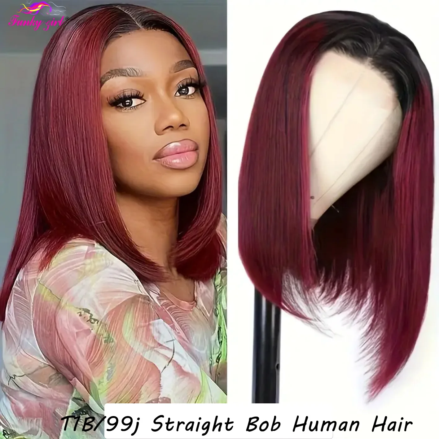 

T1B/99J Straight Short Bob Wig 13x4 Transparent Lace Front Wig Human Hair 1B Burgundy Color Lace Front Human Hair Wig For Women