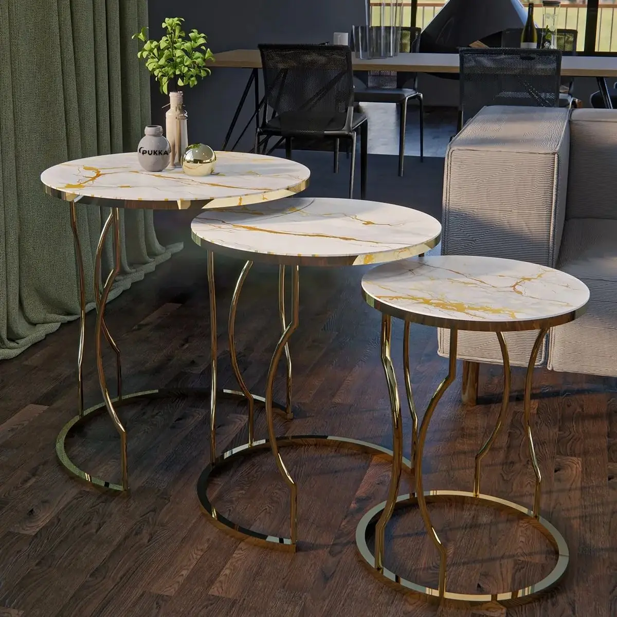 Luxury Nesting Tables Set of 3 Gold Leg Marble Patterned Unbreakable Glass 3Pcs Nordic Coffee Tables for Living Room Furniture