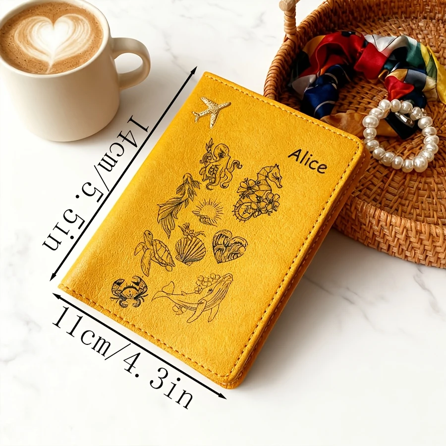 Custom Name Text Ocean Pattern Light Passport Holder Open-Close Soft Pink Yellow Black White Blue Wedding Birthday Gift
