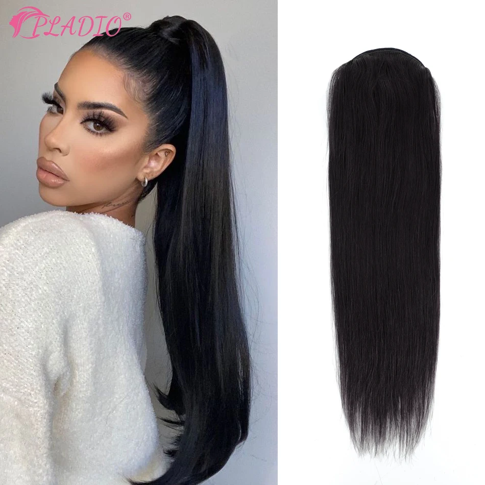 PLADIO Straight Ponytail Human Hair Extensions With Clip In Drawstring Ponytail Straight Brazilian Remy Hair Ponytails For Women