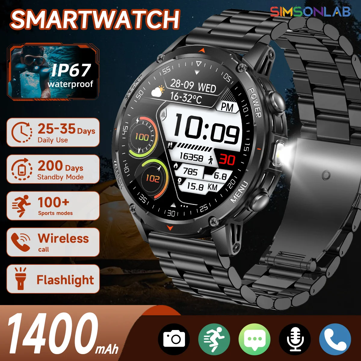 NEW 1400mAh Military TANK Smart Watch for Men/Women Bluetoot