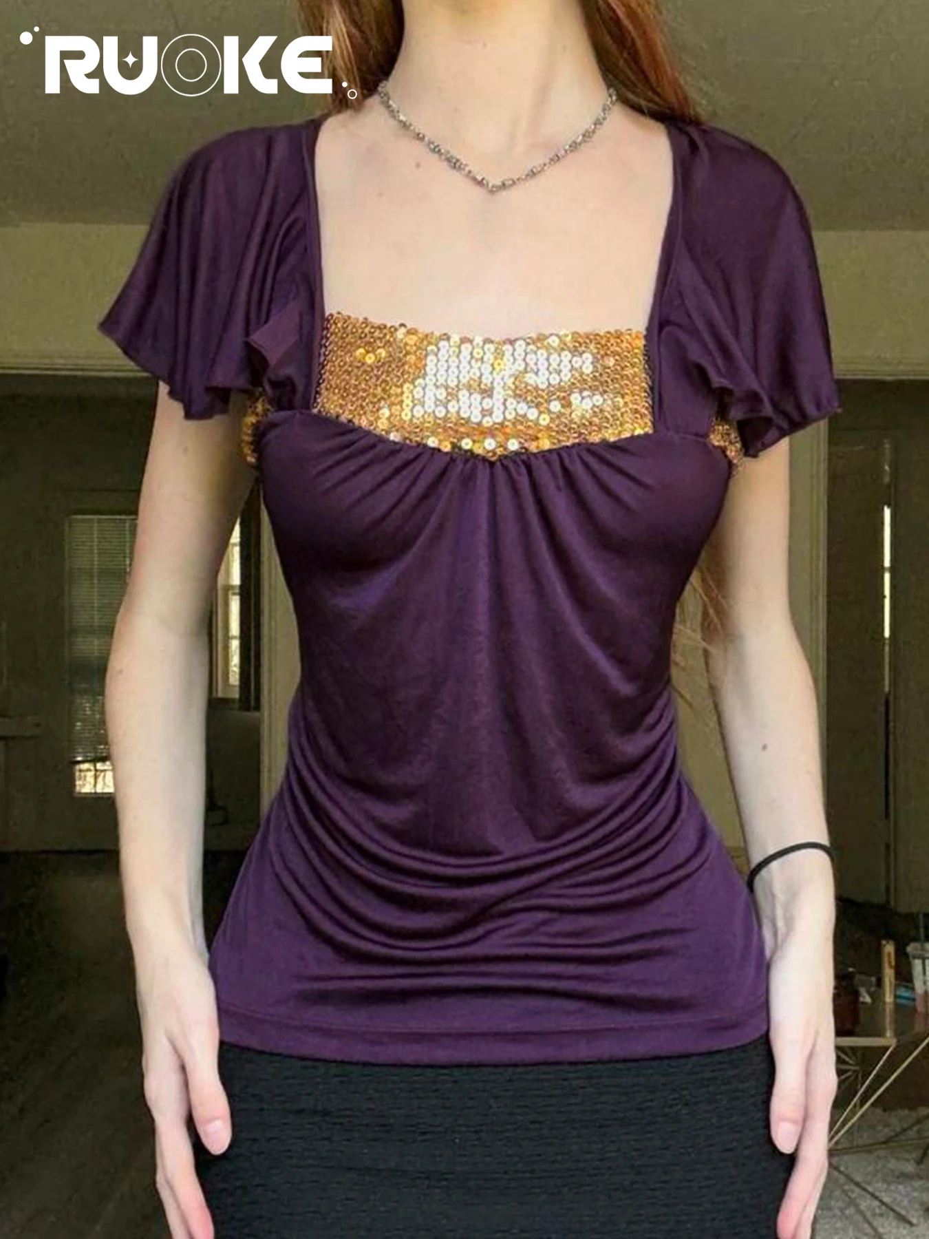 [RUOKE] Y2K Retro Sequin Patchwork Square Neck Backless T-Shirts Contrasting Flutter Sleeve Short Sleeve Tops Spring Summer 2026