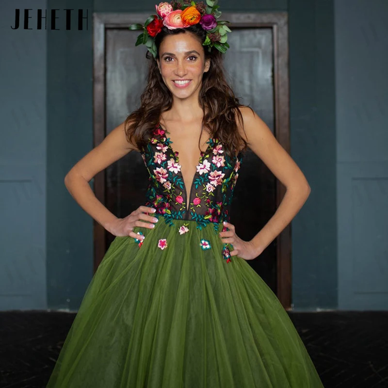 JEHETH vestido de fiesta con cuello en V para mujer, Vestido largo de tul con flores florales, vestidos de noche abiertos sin espalda con tren, color verde bosque