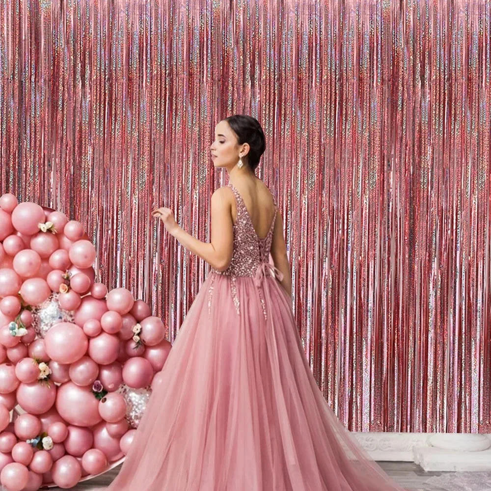 Décorations de fête d'enterrement de vie de jeune fille, rideau d'arrière-plan à paillettes de 2m en feuille de guirlandes, décorations de fête d'anniversaire, de mariage,Arriere Plan Anniversaire