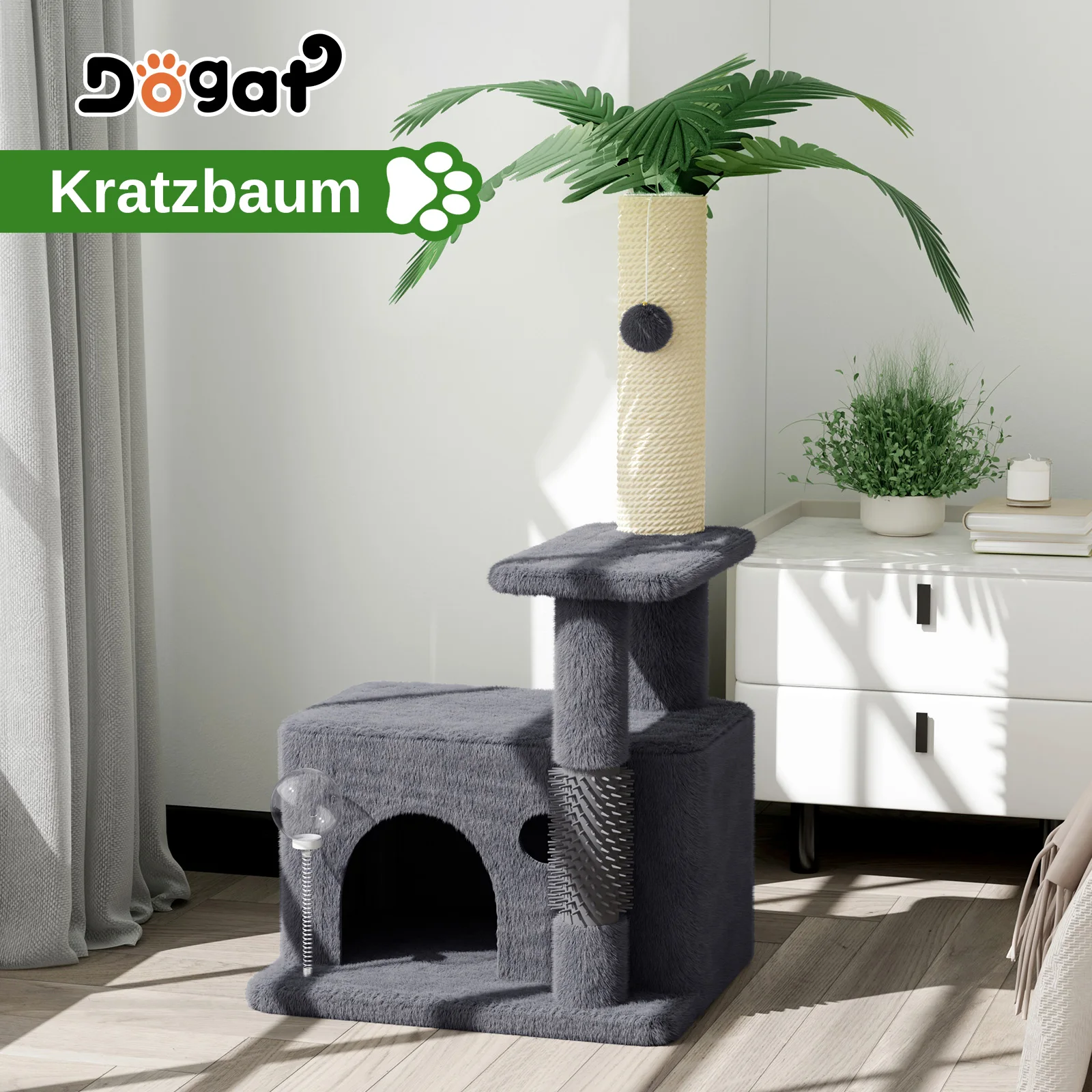 Tiragraffi Dogat, piccolo albero per gatti con tiragraffi in sisal, grotta per gatti, spazzola per la cura del pelo, distributore di cibo e palla da gioco, torre robusta per gatti da interno,