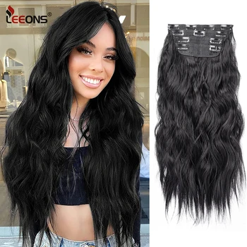 Leeons Hair-Clipe Ondulado Longo Em Extensões De Cabelo Para Mulheres, Hairpieces Grosso, Fibra Natural De Alta Temperatura, Marrom Escuro, 200g por Conjunto