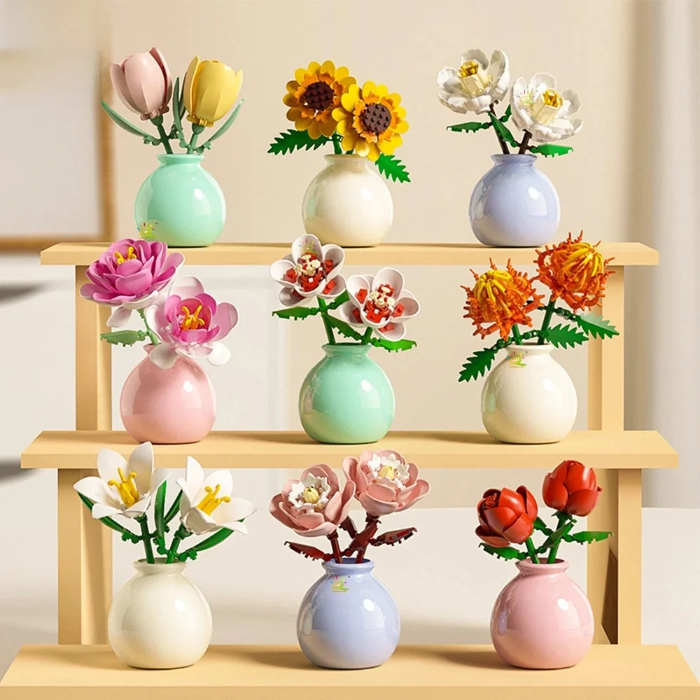 HUIQIBAO MOC Bloem met Vaas Model Bouwsteen DIY Eeuwige Boeket Thuis Bureau Bureau Plant Decor Baksteen Meisje Gift Kinderen Speelgoed - afbeelding 2