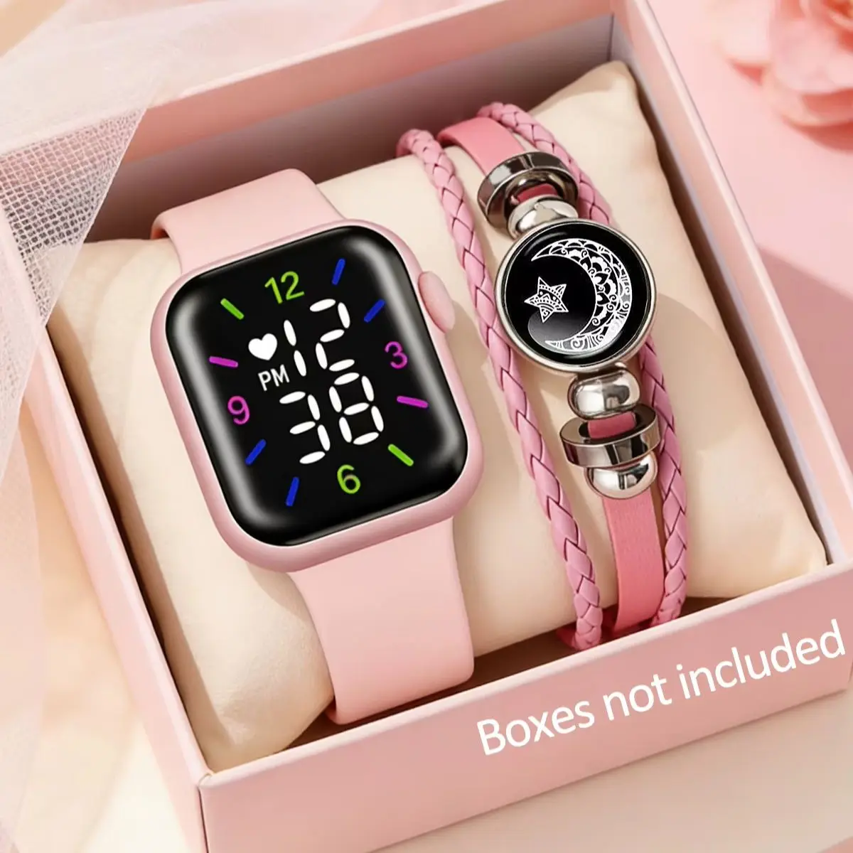 2-Piece Set, Girls' Casual Cute Led Electronic Watch with Wristband Set, Casual and Versatile, Cute and Charming, Great Holiday Gift.