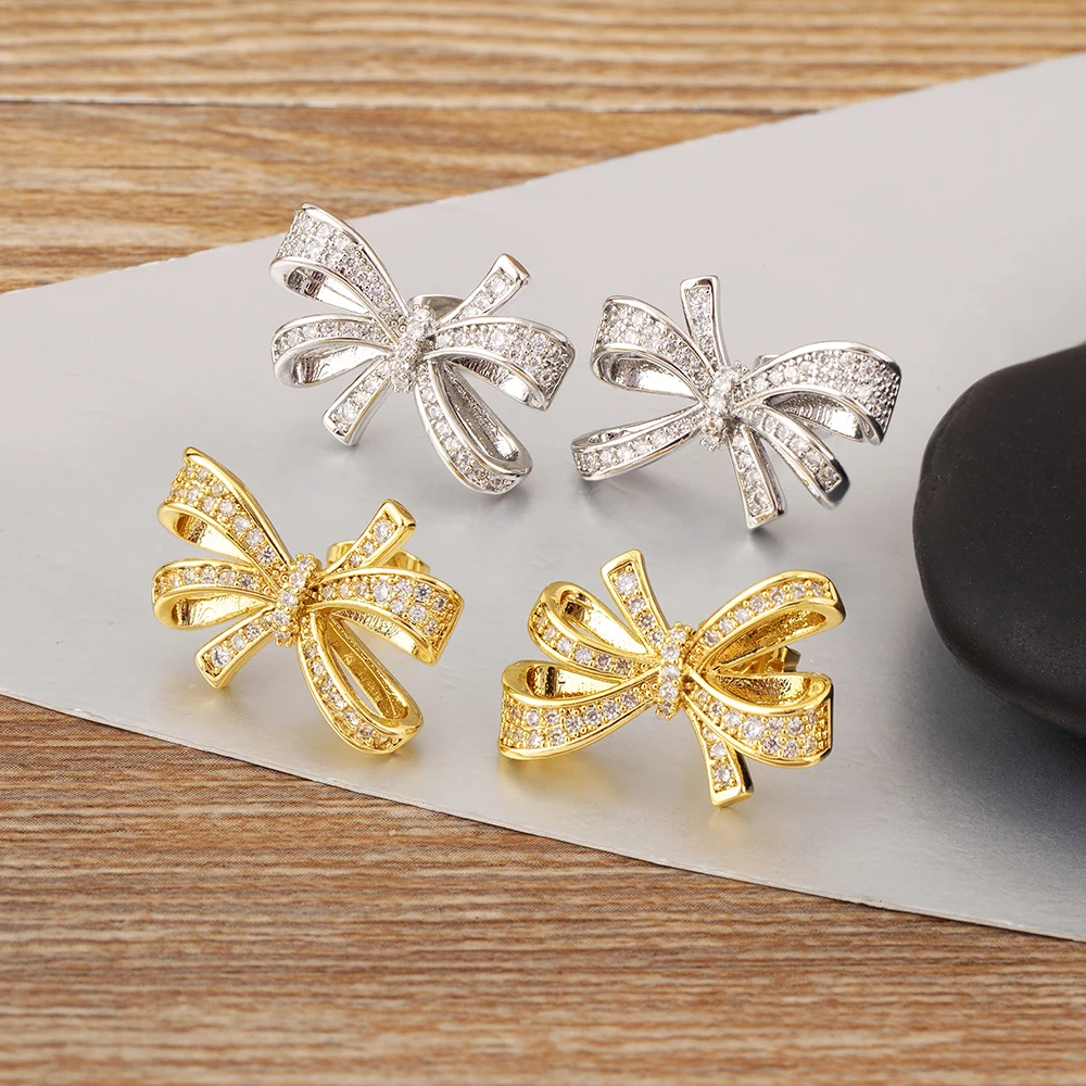 Nidin New Trendy Bow Shape Pave Shiny Crystal Zircon Stud Earrings For Women Girl Luxury Ear Jewelry Wholesale Accessories Gifts