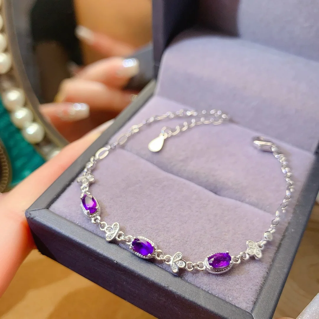 925 sterling silver natural amethyst 3x5mm gemstone girls electroplated platinum bracelet simple version to girlfriend New Year