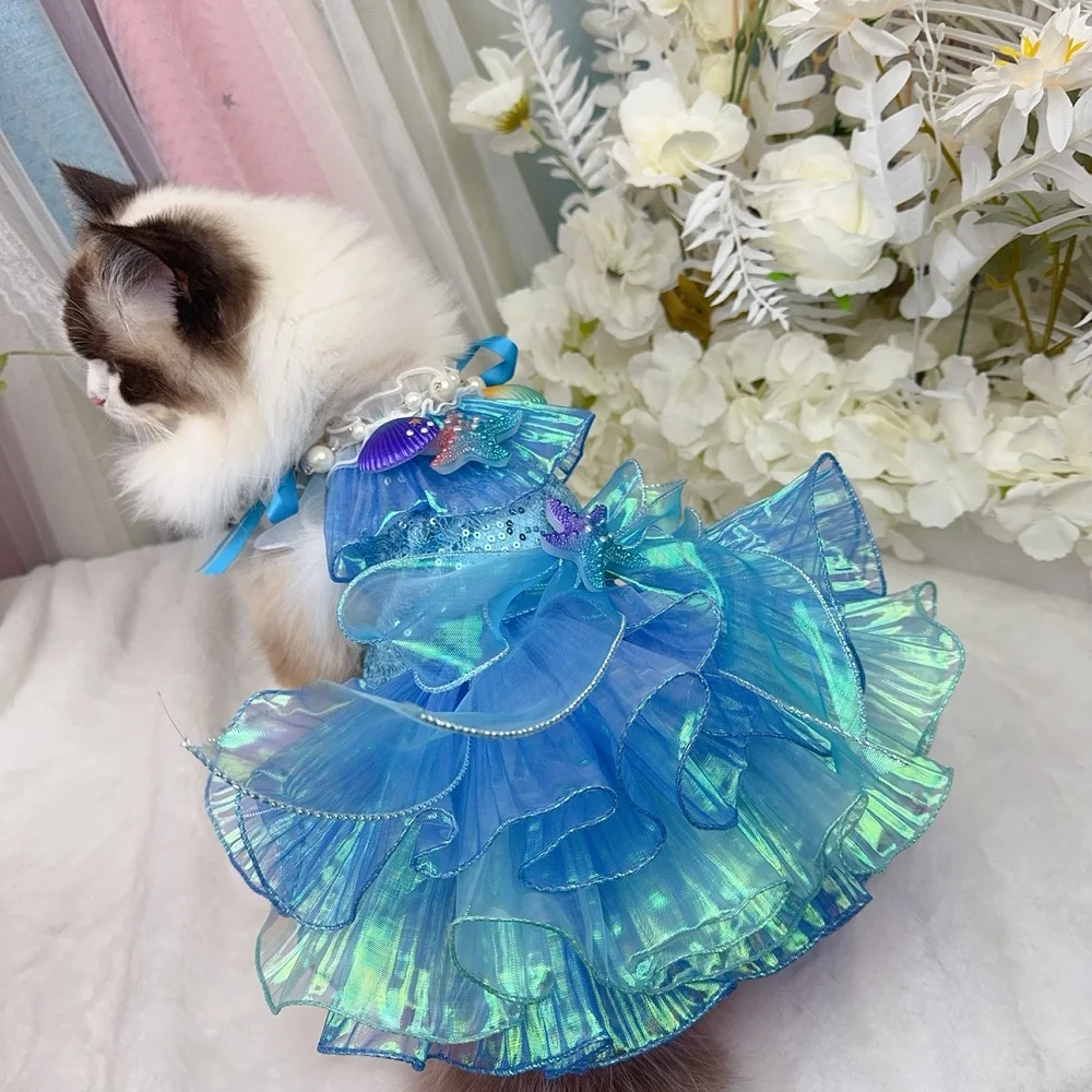 Handmade Mermaid Princess Pet Dress Dog Clothes Shimmering Blue Sea Inspired for Parties Holiday Photoshoots Cute Cat Costume