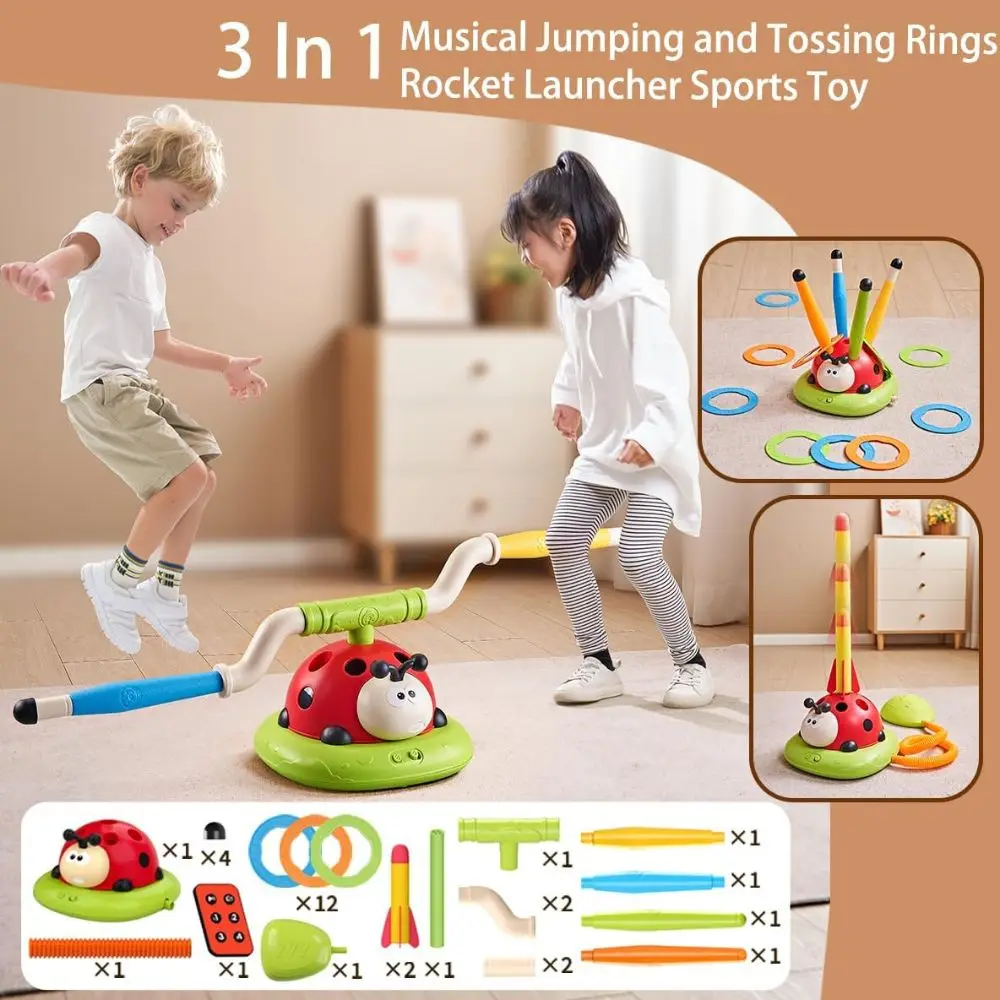 Ladybug Exercise Machine Toy For Children Parent-child Interactive,3 in 1 Musical Skipping Rope, Rocket Launcher,Toss Ring Game