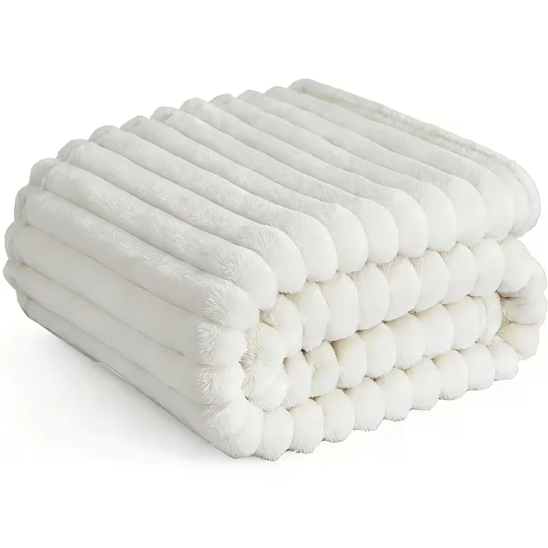 A Soft Cozy Faux Fur Rabbit Stripped Blanket, Warm and Thick for Bed, Sofa, Dormitory and Office, Versatile Use and Rich Colors