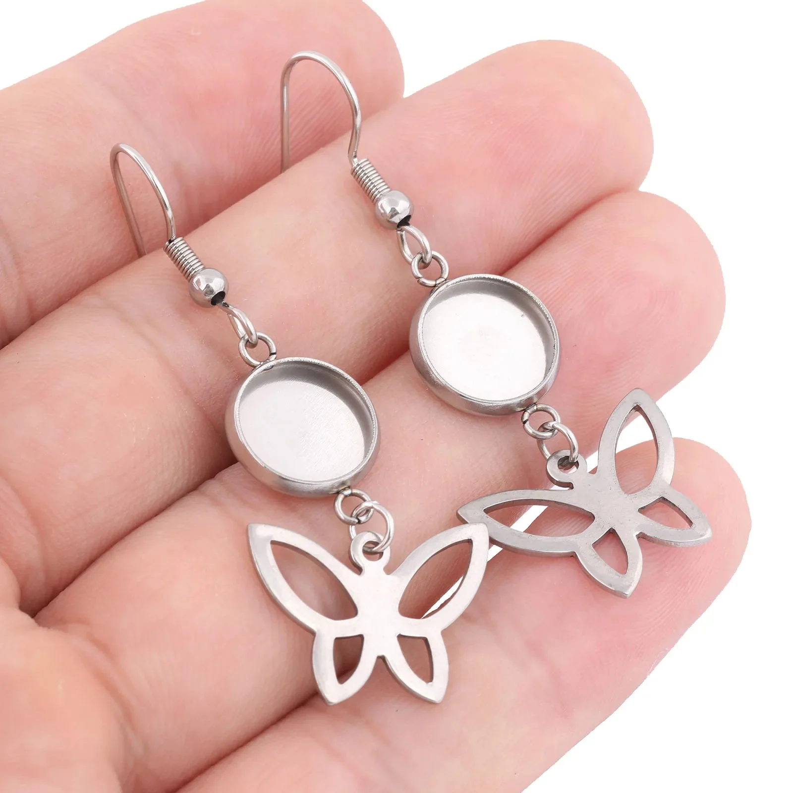 10 sztuk ze stali nierdzewnej Fit 10mm Cabochon kolczyk podstawa ustawienie wykroje z motylkowymi wisiorkami Diy haki ustalenia do tworzenia biżuterii — zdjęcie 2